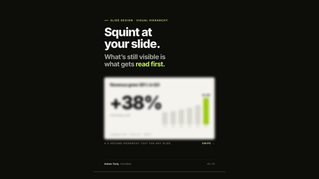 Carousel cover: Squint at your slide. What's still visible is what gets read first.