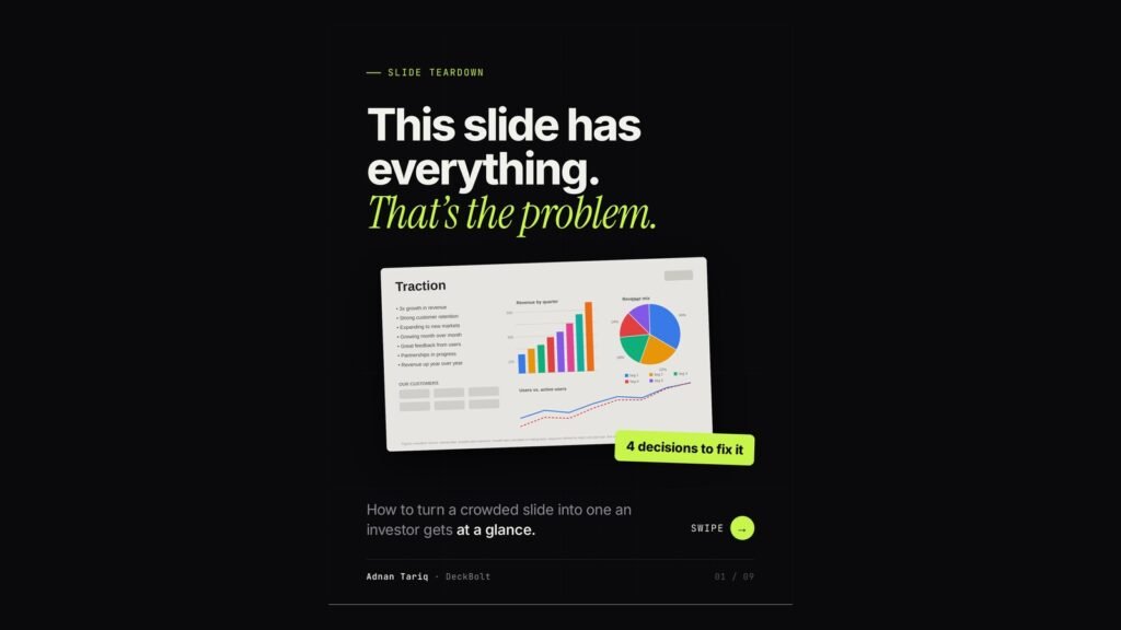 Carousel cover: This slide has everything. That is the problem. 4 decisions to fix a crowded slide